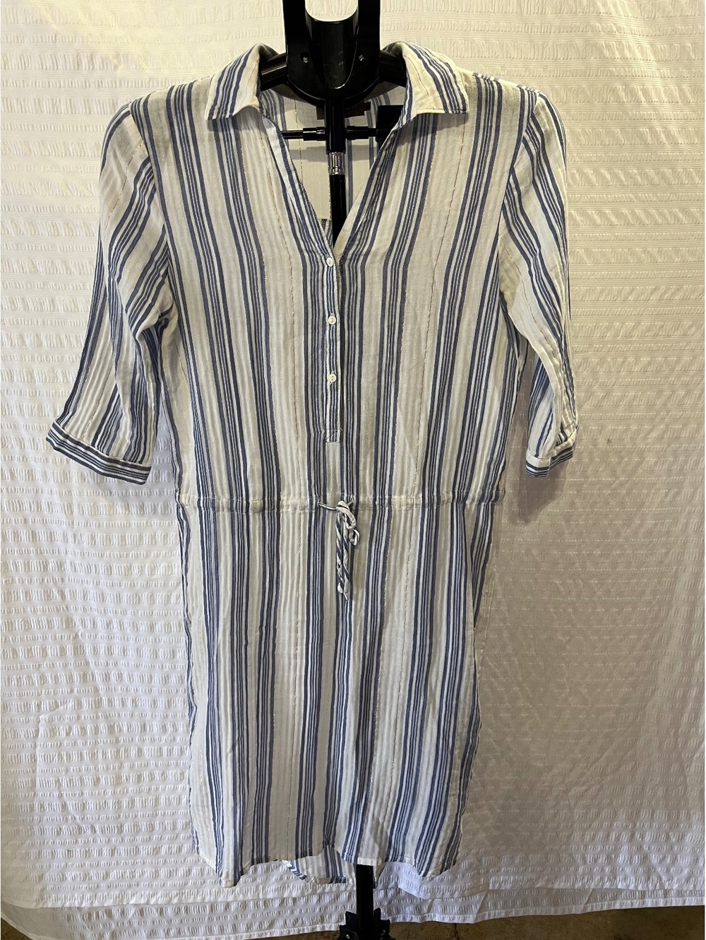 Soaked in Luxury Bali Leigh Shirt Dress XS Blue White Striped Drawstring Waist